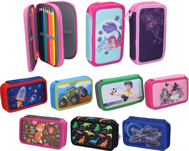 Two-tier textile school pencil case with supplies