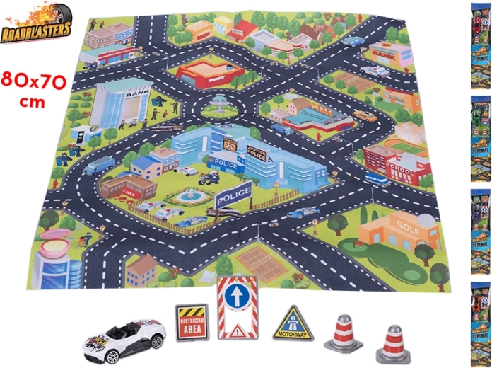 Транспортен килим Roadblasters 80 × 70 см с количка и пътни знаци