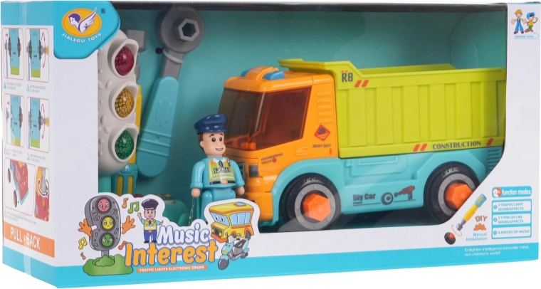 Screw-together dump truck with accessories and traffic light game