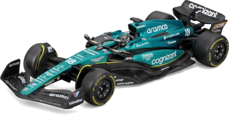 Bburago 1:43 Formula 1 Aston Martin AMR23 #18 Lance Stroll – метален модел с пилот в подаръчна кутия