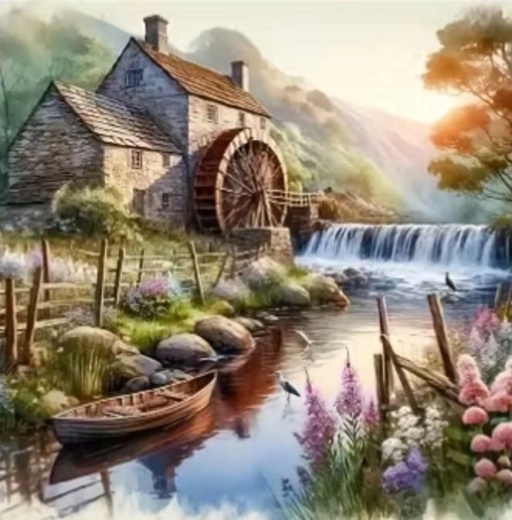 Norimpex diamond painting River mill with a boat 30 × 40 cm
