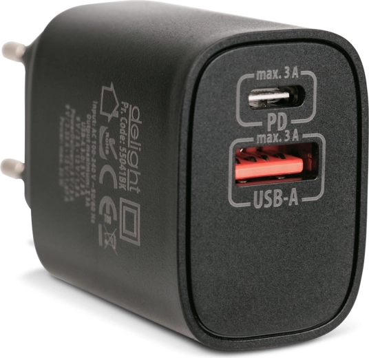 USB-A and USB-C PD 20 W mains adapter with fast charging, black