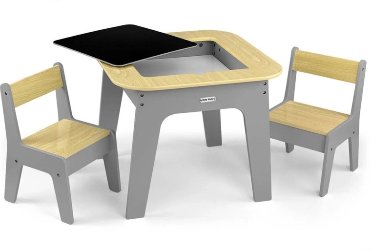 Double-sided tabletop: blocks and chalkboard