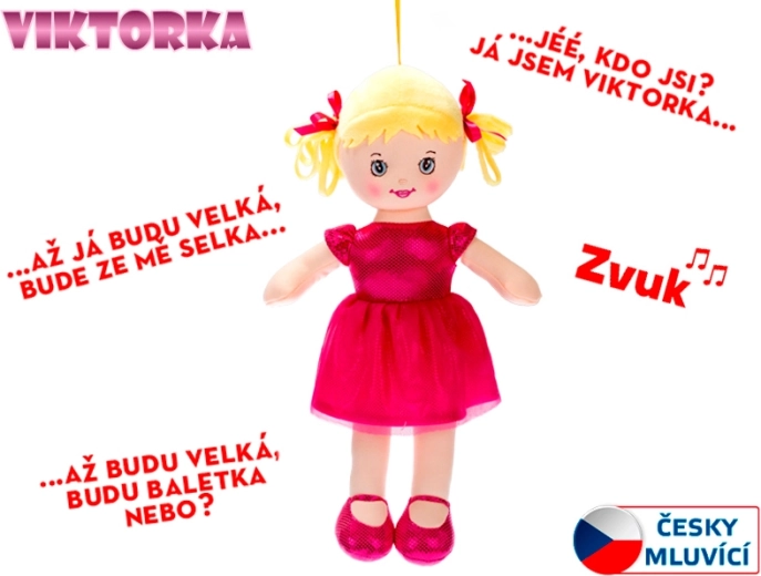 Парцалена кукла Викторка 32 см, говореща и пееща, тъмнорозова