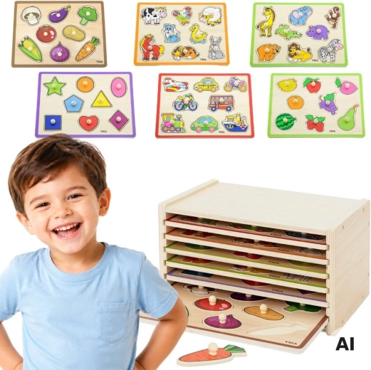 VIGA wooden insert puzzles with handles and stand (6 boards)