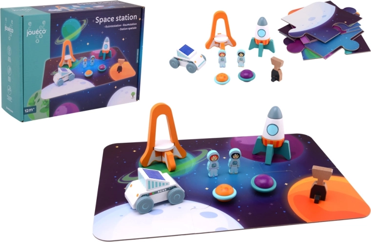 Jouéco wooden space station – puzzle set with figurines