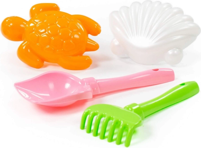 Children’s sand set with shovel, rake, and molds