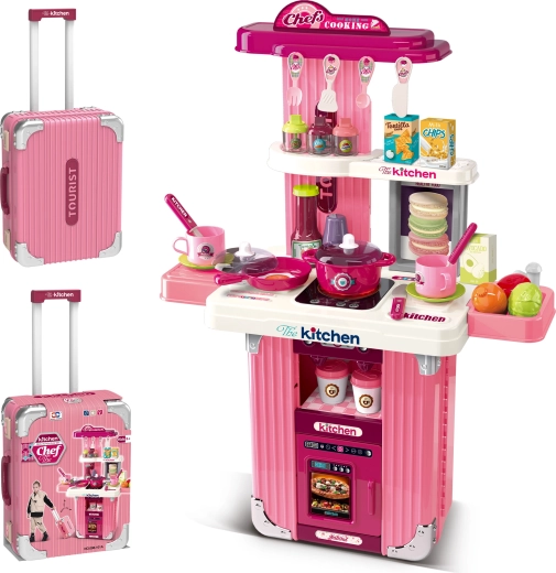 2-in-1 suitcase and children's kitchen with accessories – pink