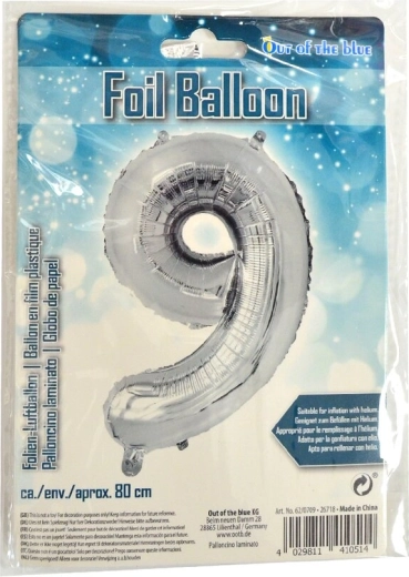 Silver foil balloon number 9, 80 cm