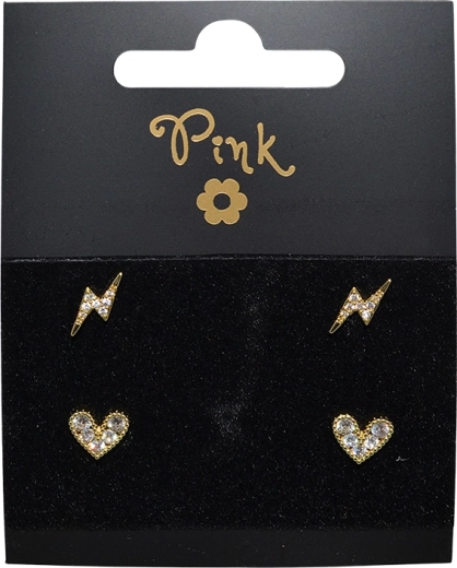 Gold-plated earring set with heart and lightning, 4 pcs