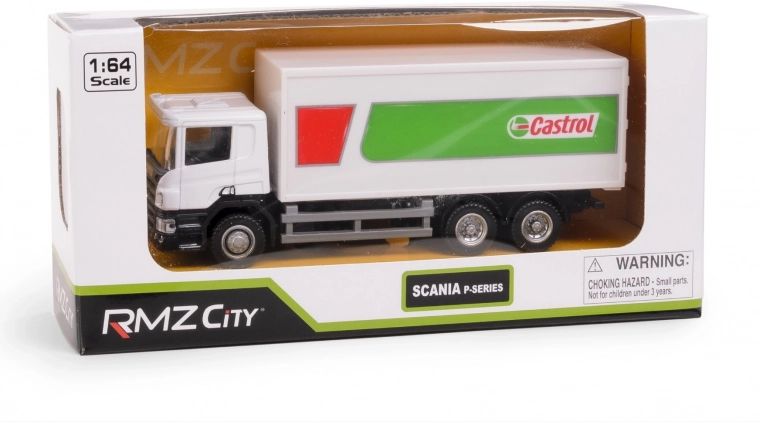 Die-cast model of SCANIA CASTROL box truck 1:64 with pull-back drive