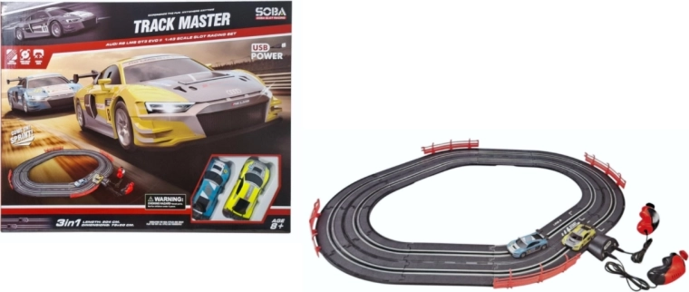 Racing slot car track with remote controllers and USB power