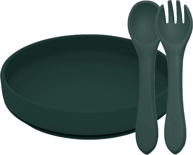 Petite&Mars Take&Match silicone feeding set, Misty Green: suction plate + cutlery (6m+)