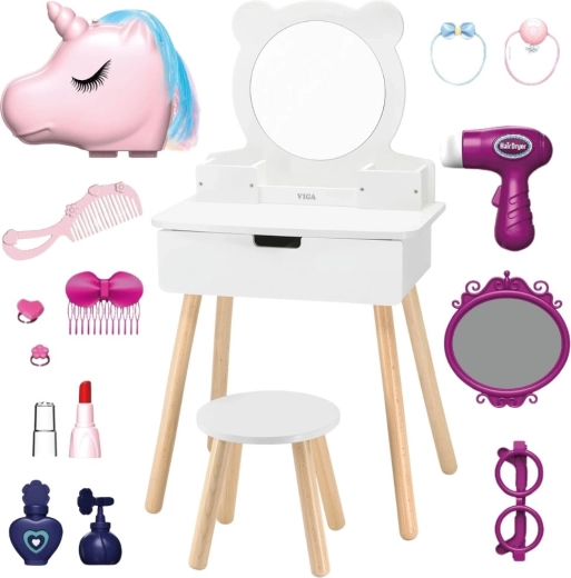 Viga white children's vanity with mirror and unicorn accessory set