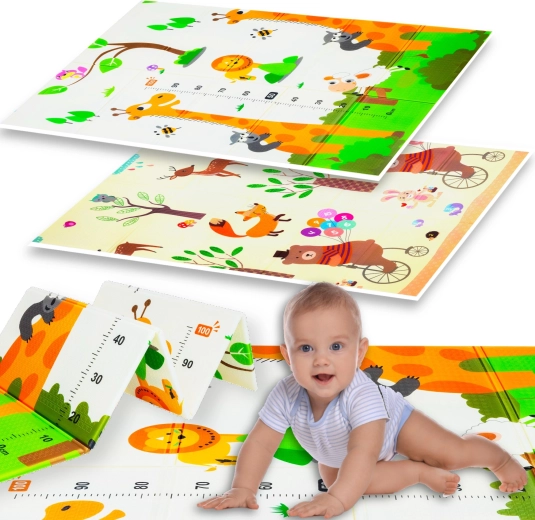 Сгъваема двустранна детска XPE подложка за игра HUMBI 120 × 180 × 0,8 см – животни и жирафи с мерна скала