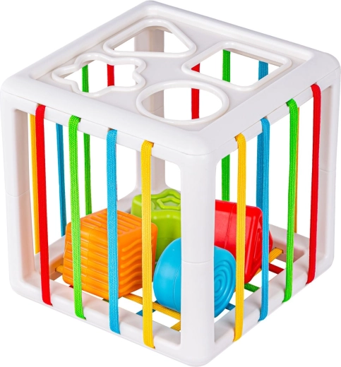 Shape-sorting cube with elastic cords