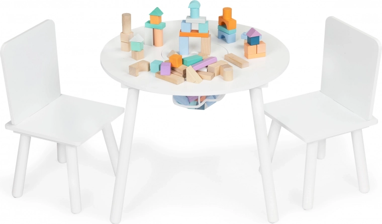 Детска бяла масичка с две столчета ECOTOYS с мрежест органайзер за играчки