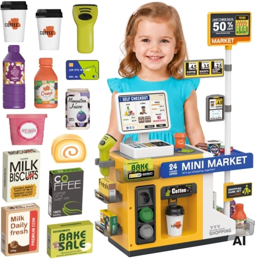 Woopie mini market – interactive self-checkout cash register with scanner