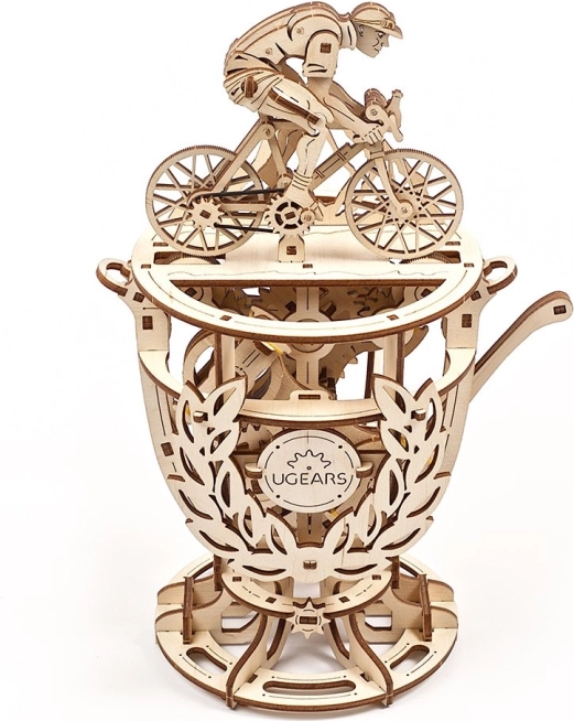 Дървен механичен 3D пъзел UGEARS Колоездач – трофей с подвижен механизъм