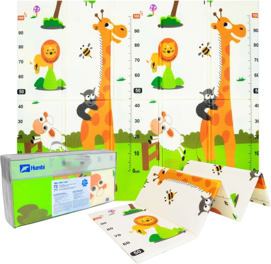 Humbi двустранна сгъваема пенена постелка за игра XPE с животни и метър 180 × 150 × 1 см