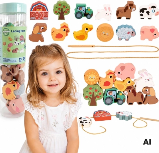 Дървена игра за нанизване Ферма Woopie Green (13 части)