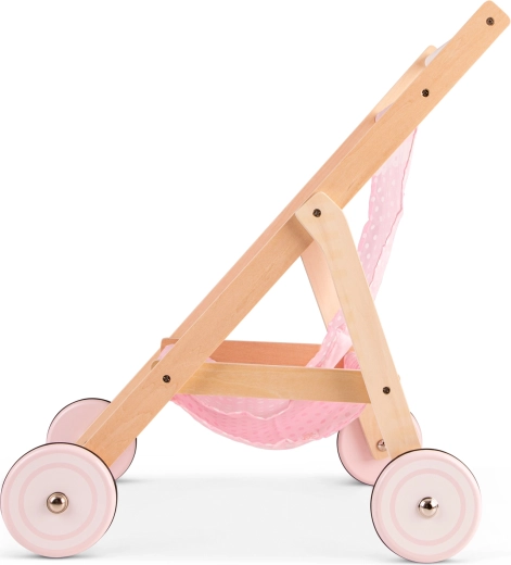 Wooden doll stroller with pink cover