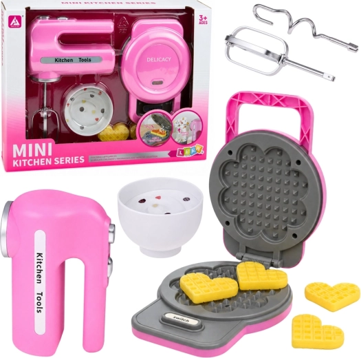 Pink kids’ kitchen set: waffle maker and hand mixer with lights and sounds