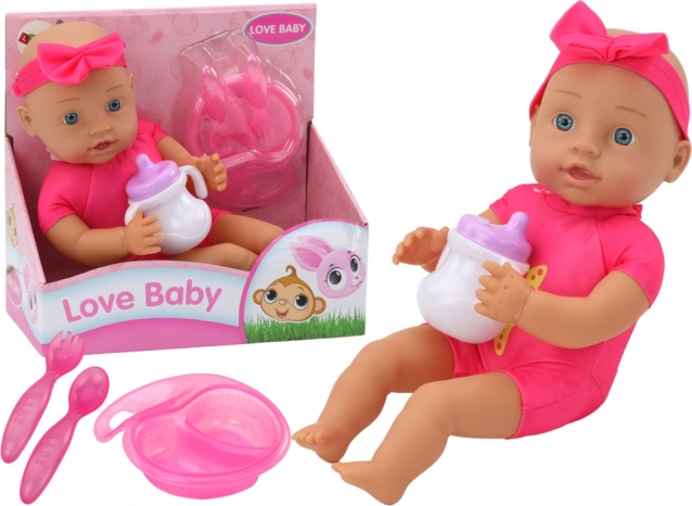 Cloth baby doll with pink headband and feeding set