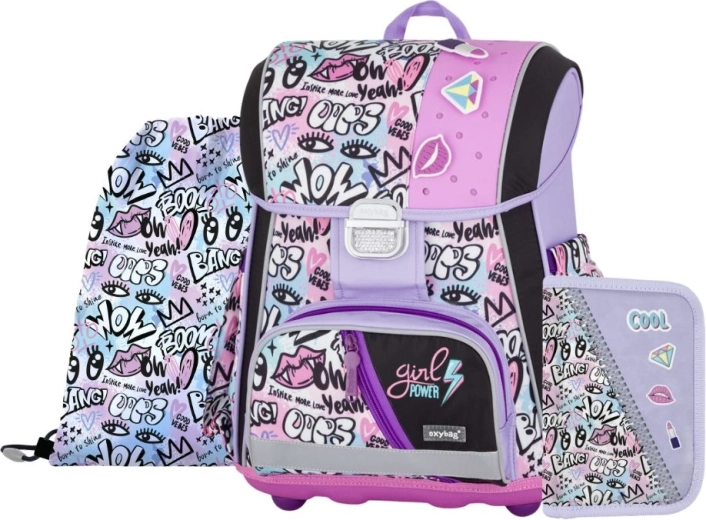 PREMIUM School Set Funny Girl – satchel, pencil case and drawstring bag