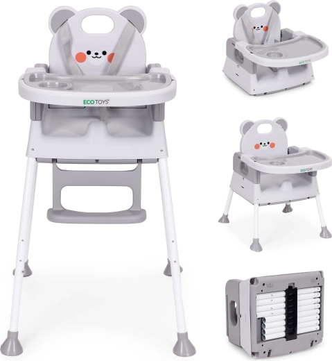 Детски стол за хранене 3 в 1 с двоен поднос и 5-точков колан, сив ECOTOYS