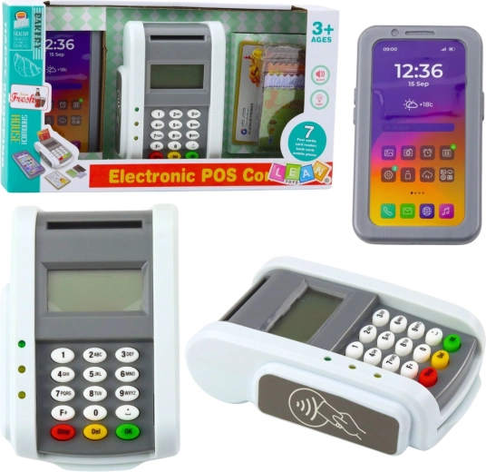 Kids' payment terminal with phone and card with lights and sounds