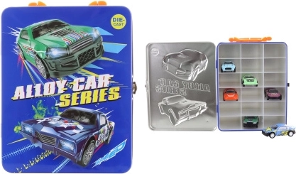 Tin box for toy cars with a set of 6 metal pull-back vehicles