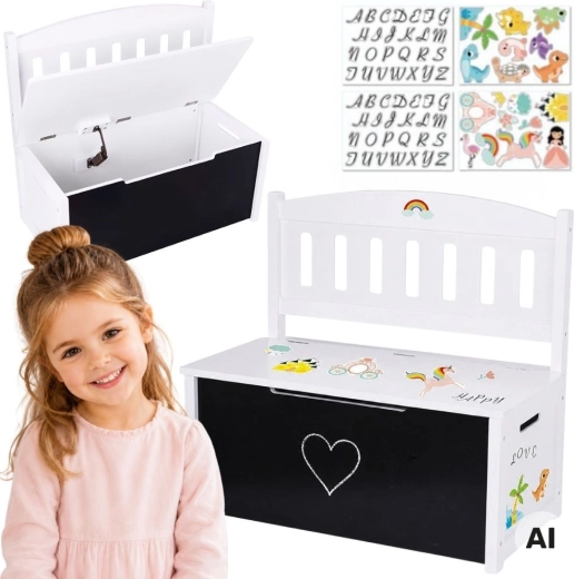 Дървена ракла за играчки Tooky Toy 3 в 1 с пейка и дъска за рисуване