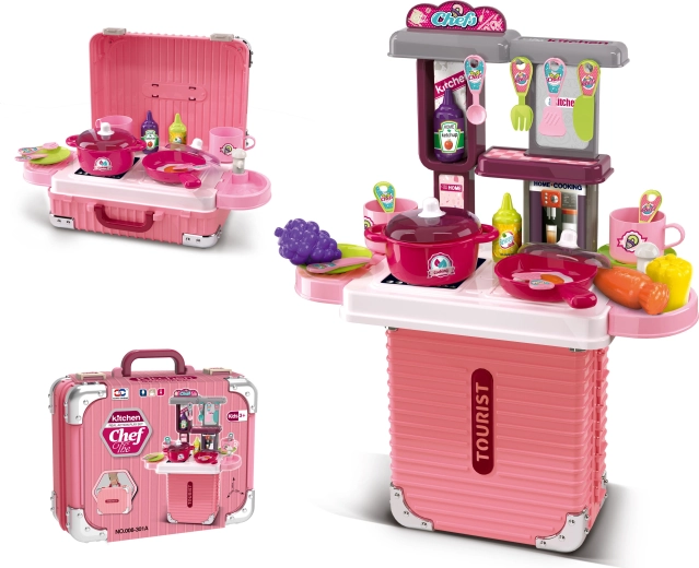 2-in-1 small suitcase and kitchen set with accessories – pink