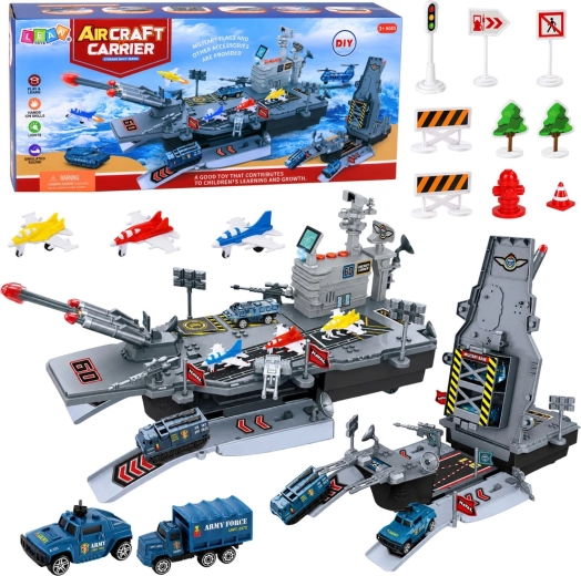 Military aircraft carrier 2-in-1 – base with planes and vehicles with sound
