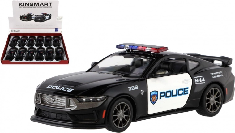 Metal car model Ford Mustang Dark Horse Police 2024 1:38 with pull-back, 13 cm