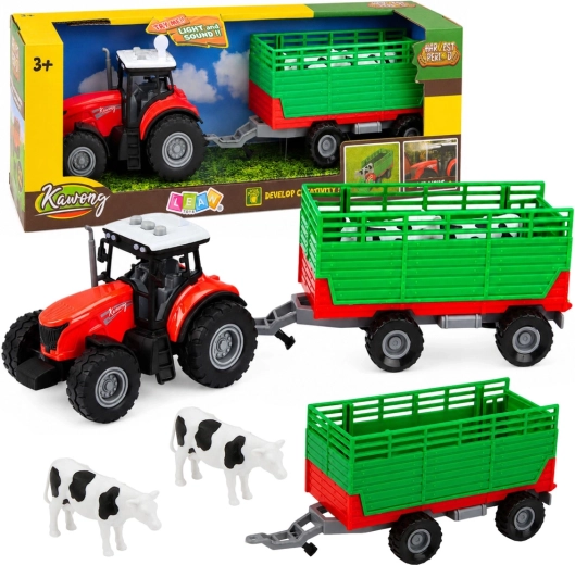 Tractor with detachable animal transport trailer with lights and sounds (4 pieces)