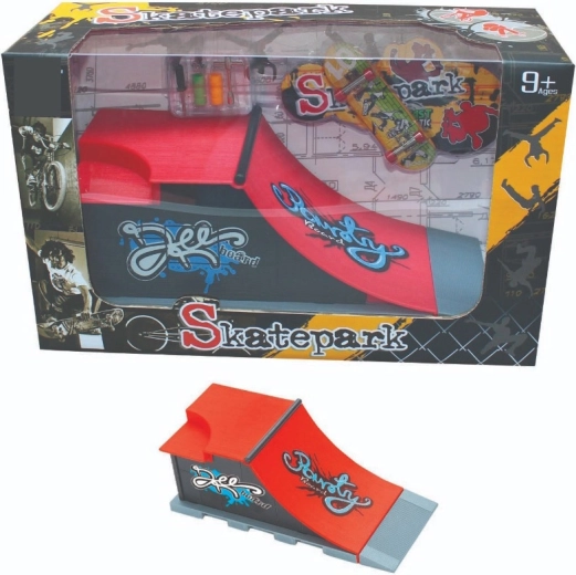 Skatepark set with angled ramp, rail and fingerboard