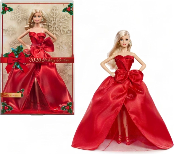 Празнична колекционерска кукла Barbie Signature 2026 – блондинка в червена рокля