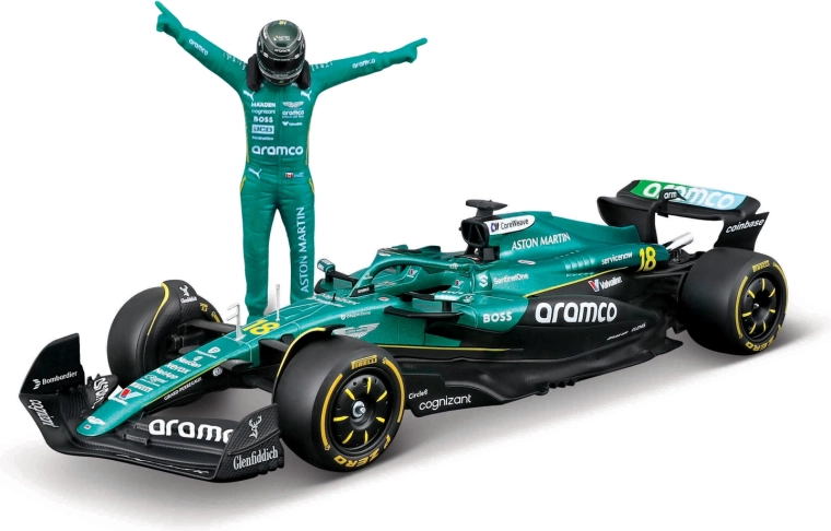 Модел на болид от Формула 1 Bburago Aston Martin AMR25 2025 Lance Stroll (№ 18) 1:24 с фигурка на пилота