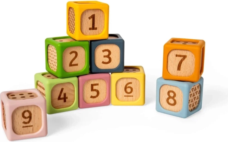 Bigjigs Toys сортиращи кубчета от дърво и силикон (9 бр.)