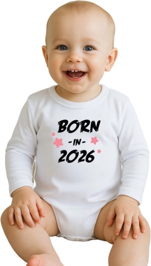 Детско памучно боди с щампа New Baby Born in 2026, розово, дълъг ръкав