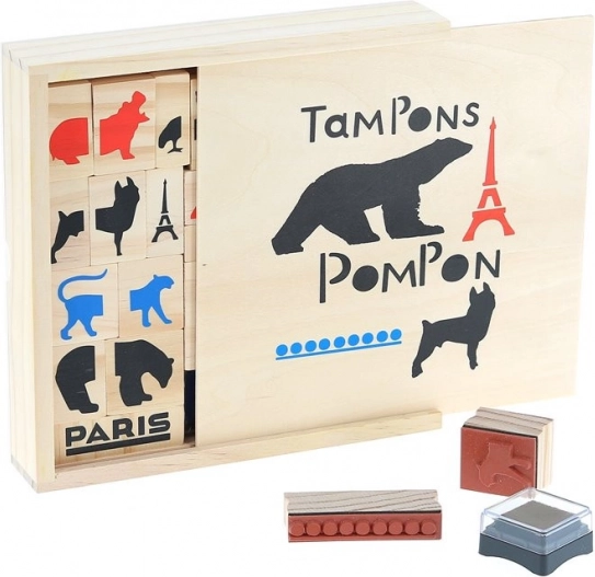 Дървени печати POMPON TOYS – креативен комплект 23 бр. с мастила