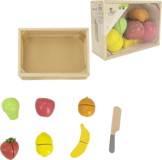 Babu wooden slicing fruit in a crate