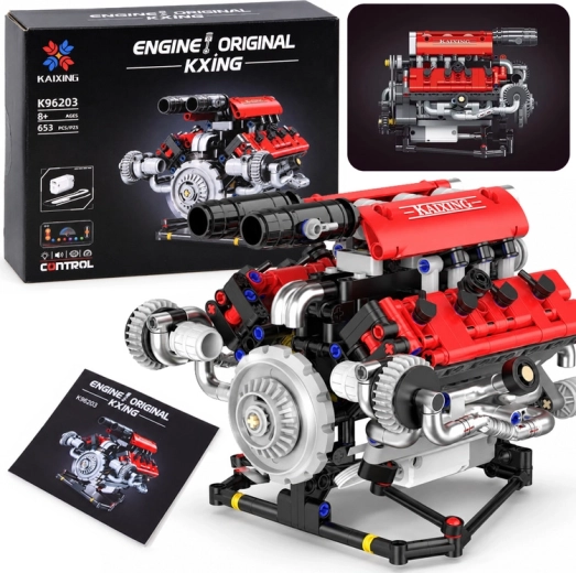 Technical Construction Set: Build a V8 Engine with a Rechargeable Battery, 653 Pieces