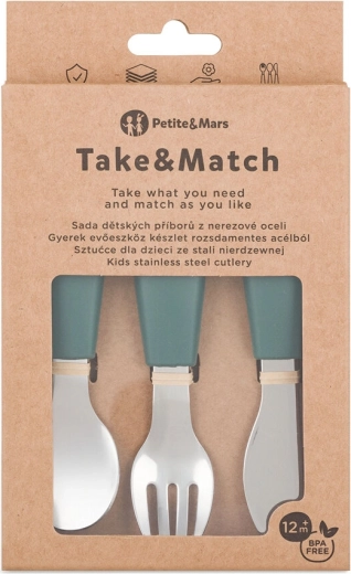 Petite&Mars stainless steel kids cutlery set Take&Match Misty Green 12m+
