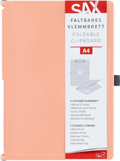 SAX A4 Lockable Clipboard Folder with Clip, Salmon