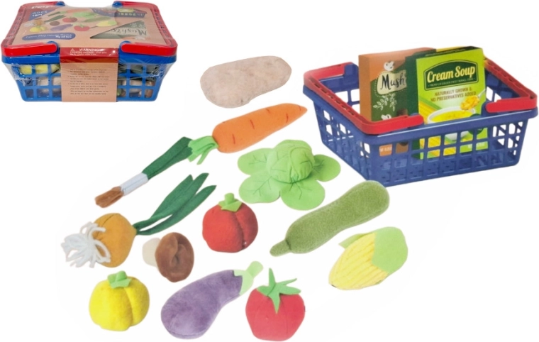 Plush kitchen set with foods in a shopping basket