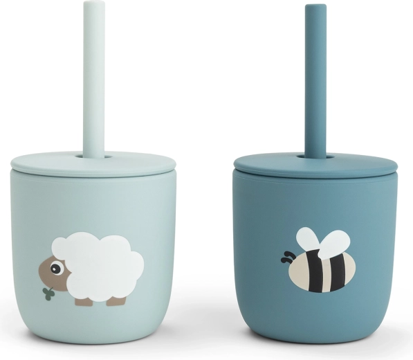 Done by Deer silicone straw cups Tiny farm blue, 2 pcs