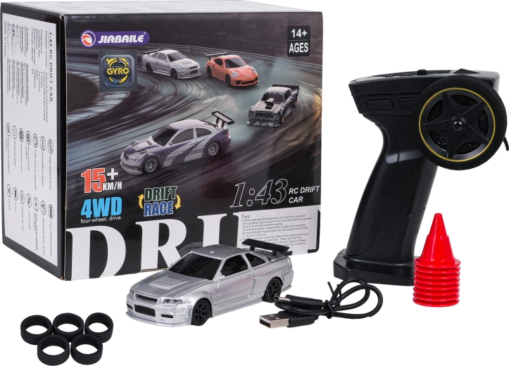 Silver 1:43 RC drift car with accessories